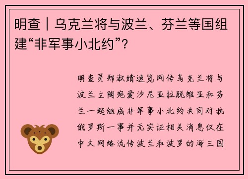 明查｜乌克兰将与波兰、芬兰等国组建“非军事小北约”？