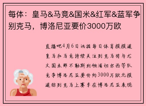 每体：皇马&马竞&国米&红军&蓝军争别克马，博洛尼亚要价3000万欧