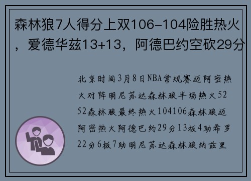 森林狼7人得分上双106-104险胜热火，爱德华兹13+13，阿德巴约空砍29分