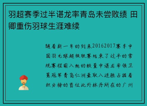 羽超赛季过半谌龙率青岛未尝败绩 田卿重伤羽球生涯难续